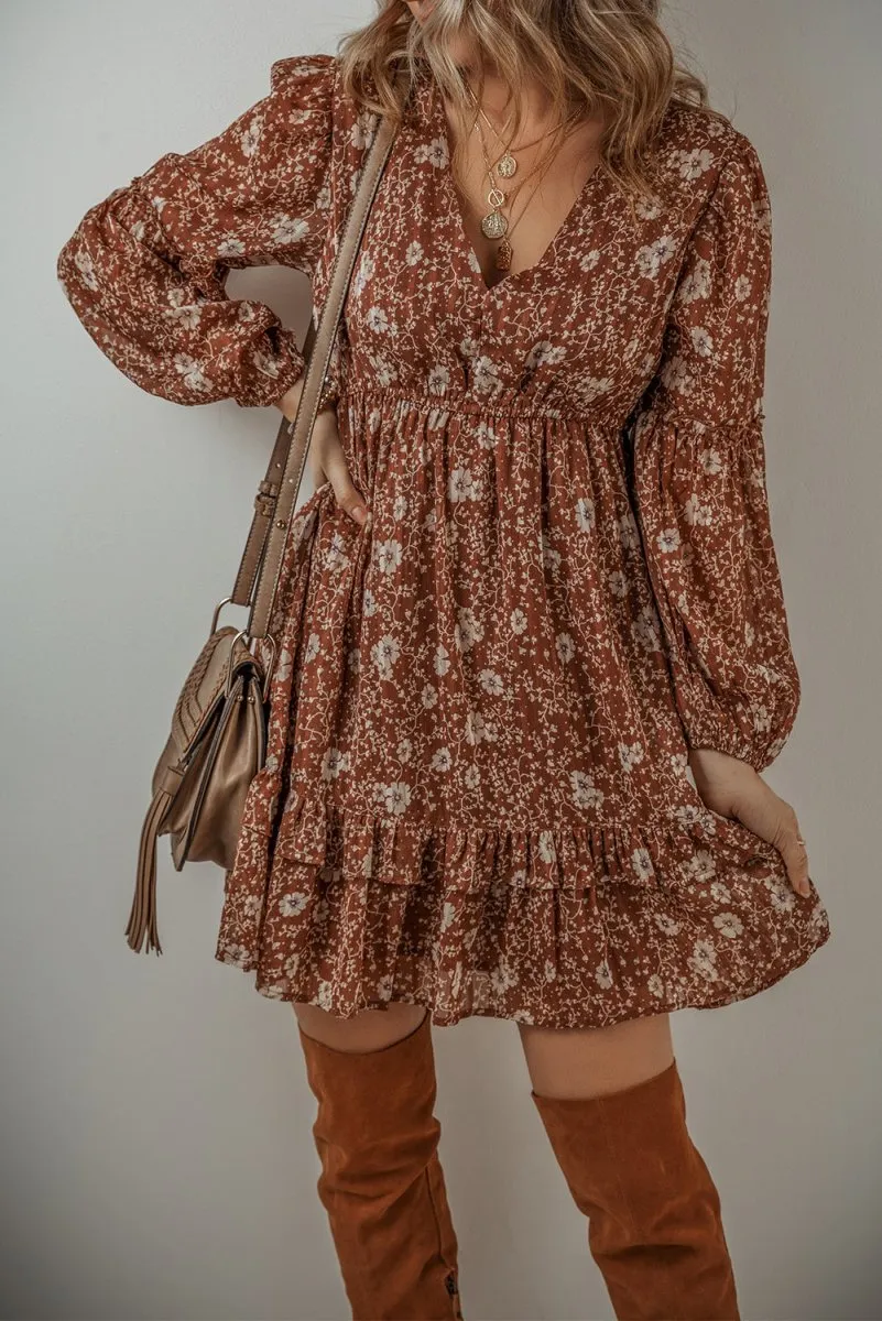 Heather Boho Brown Floral Ruffled Mini Dress