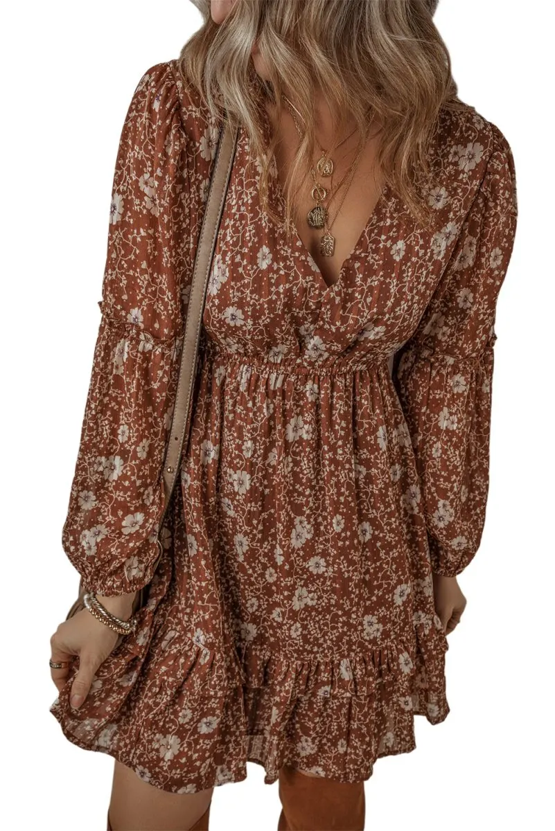 Heather Boho Brown Floral Ruffled Mini Dress