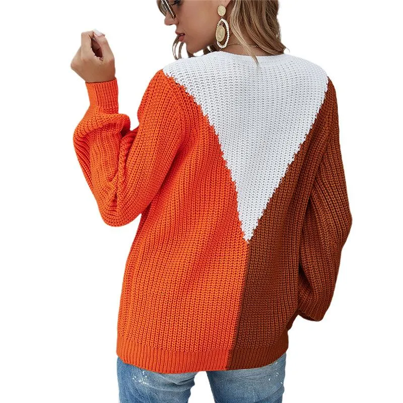 Long Sleeve Knitted Patchwork Hit Color Sweater Pullover