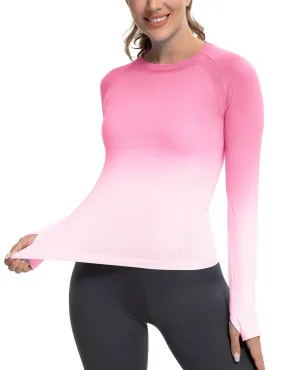 MathCat Long Sleeve Workout Tops for Women, Gradient Running Athletic Shirts, Seamless Breathable Tops with Thumb Holes