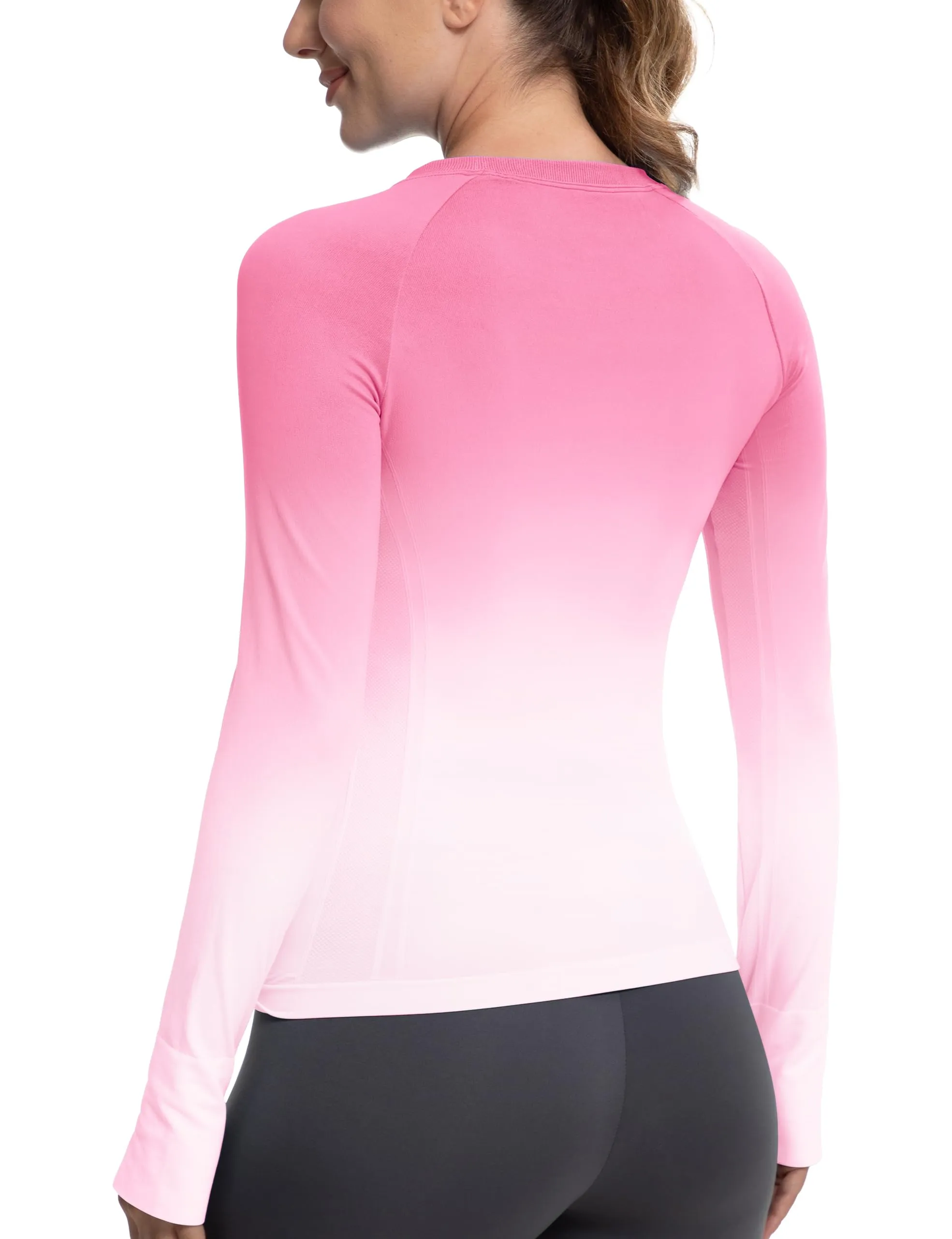 MathCat Long Sleeve Workout Tops for Women, Gradient Running Athletic Shirts, Seamless Breathable Tops with Thumb Holes