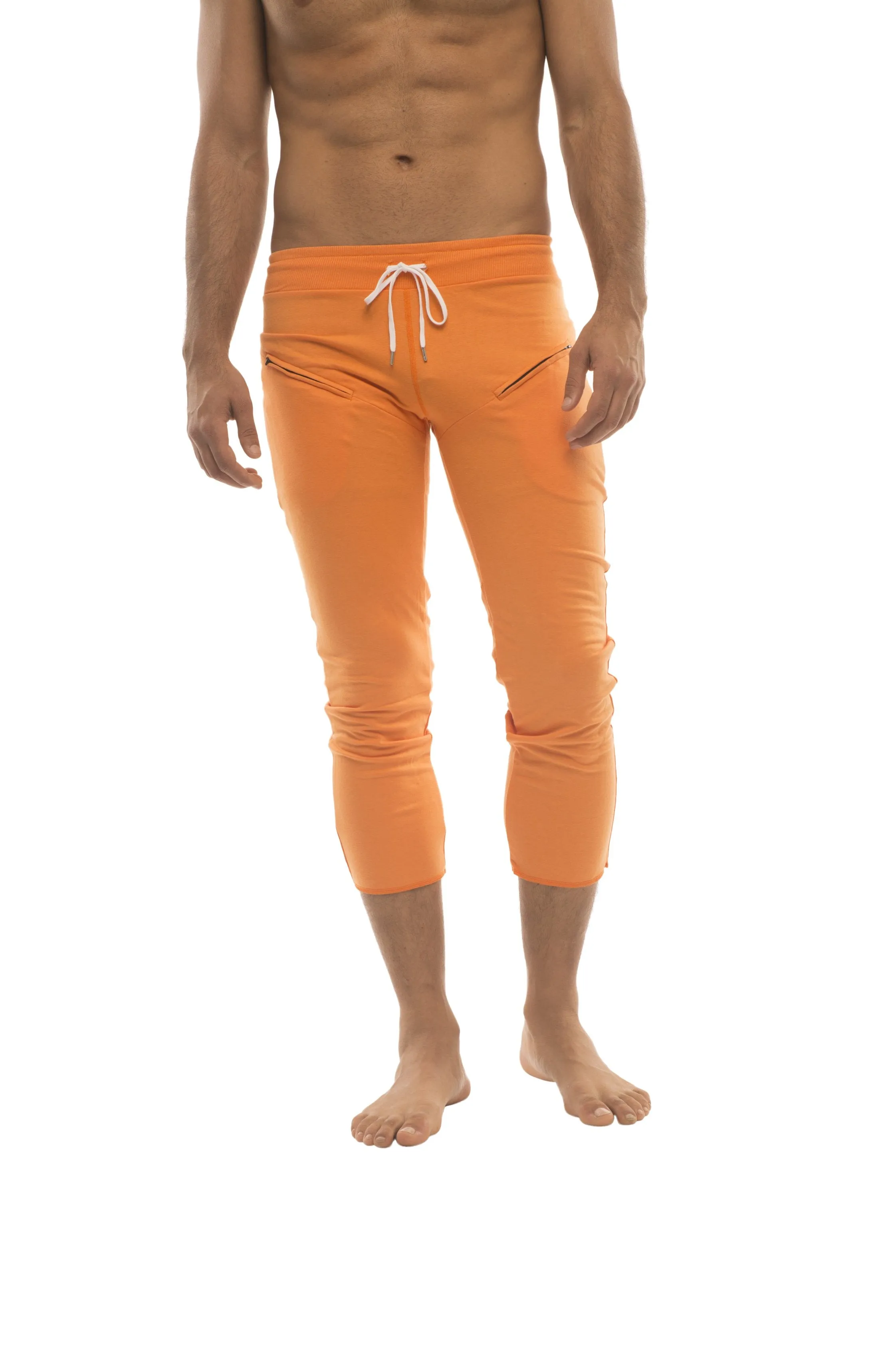 Mens 4/5 Zipper Pocket Capri Yoga Pants (Solid Orange)