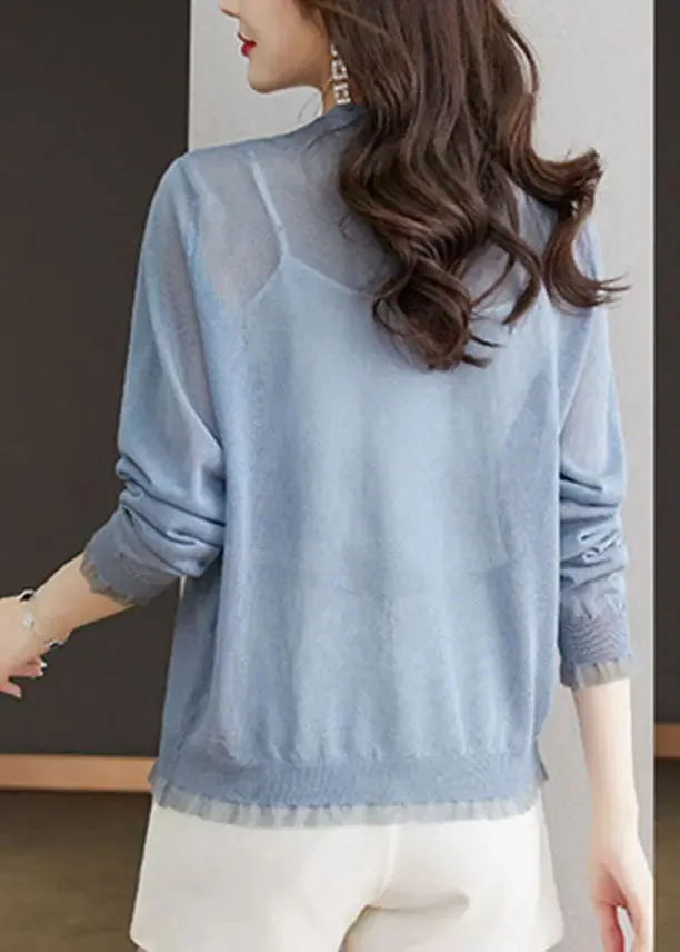 Modern Blue V Neck Lace Patchwork Button Ice Size Knit Cardigans Long Sleeve LY8127