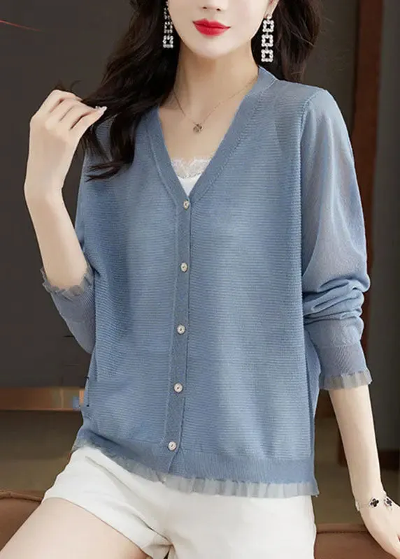 Modern Blue V Neck Lace Patchwork Button Ice Size Knit Cardigans Long Sleeve LY8127