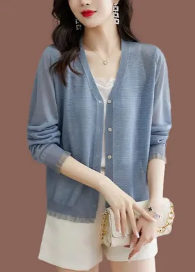 Modern Blue V Neck Lace Patchwork Button Ice Size Knit Cardigans Long Sleeve LY8127