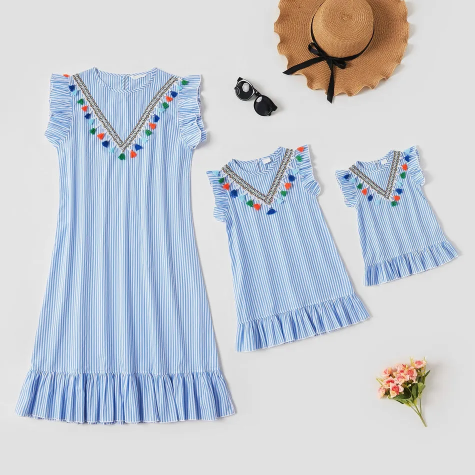 Mom and Daughter Dress Boho Mommy and Me Dresses Stripe Tassel Print Sleeveless