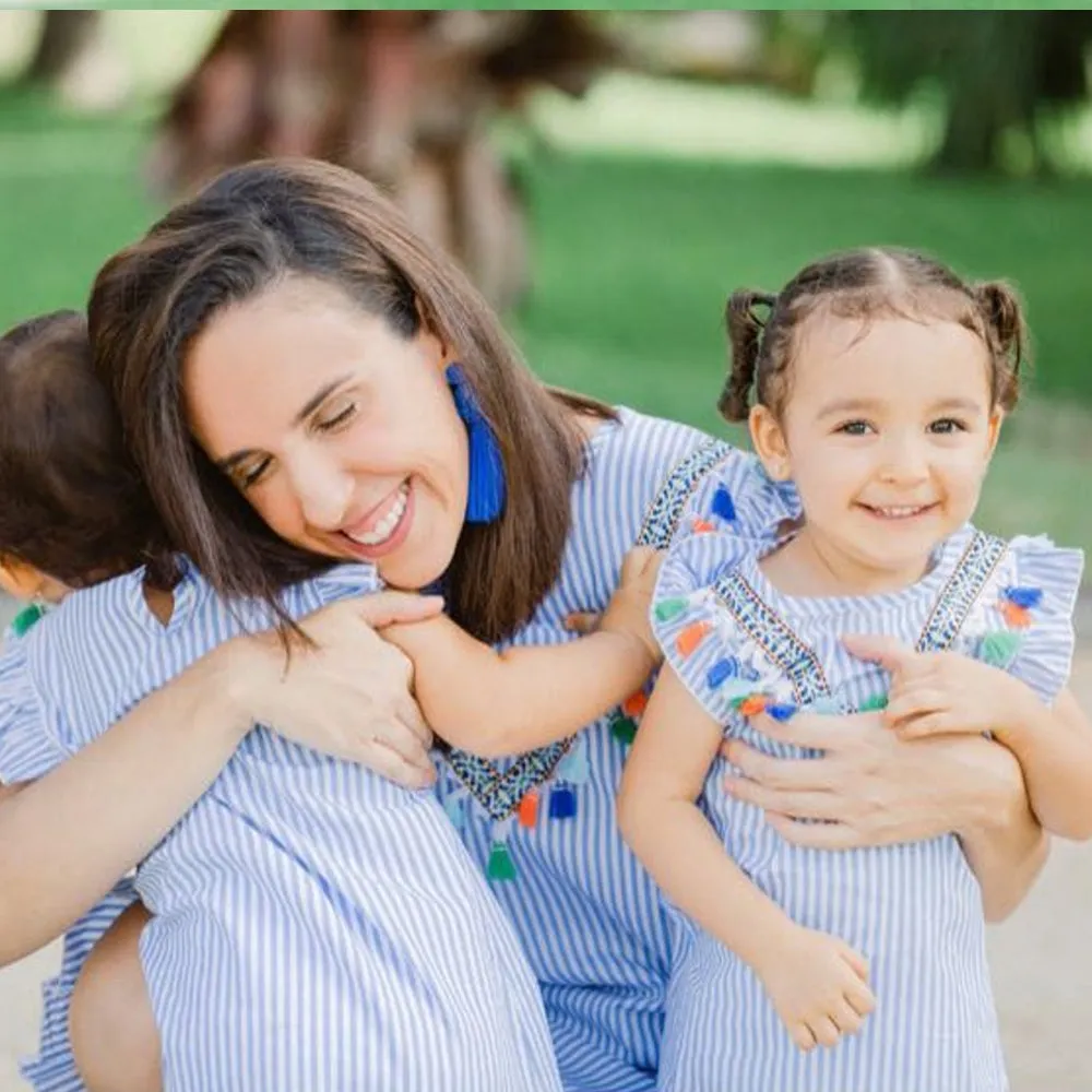 Mom and Daughter Dress Boho Mommy and Me Dresses Stripe Tassel Print Sleeveless