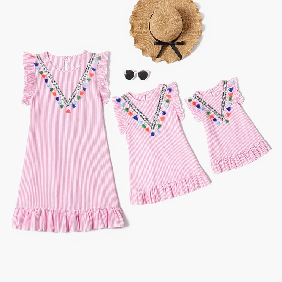 Mom and Daughter Dress Boho Mommy and Me Dresses Stripe Tassel Print Sleeveless