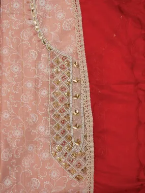 Peach Embellished Cotton Blend Dress Material with Dupatta