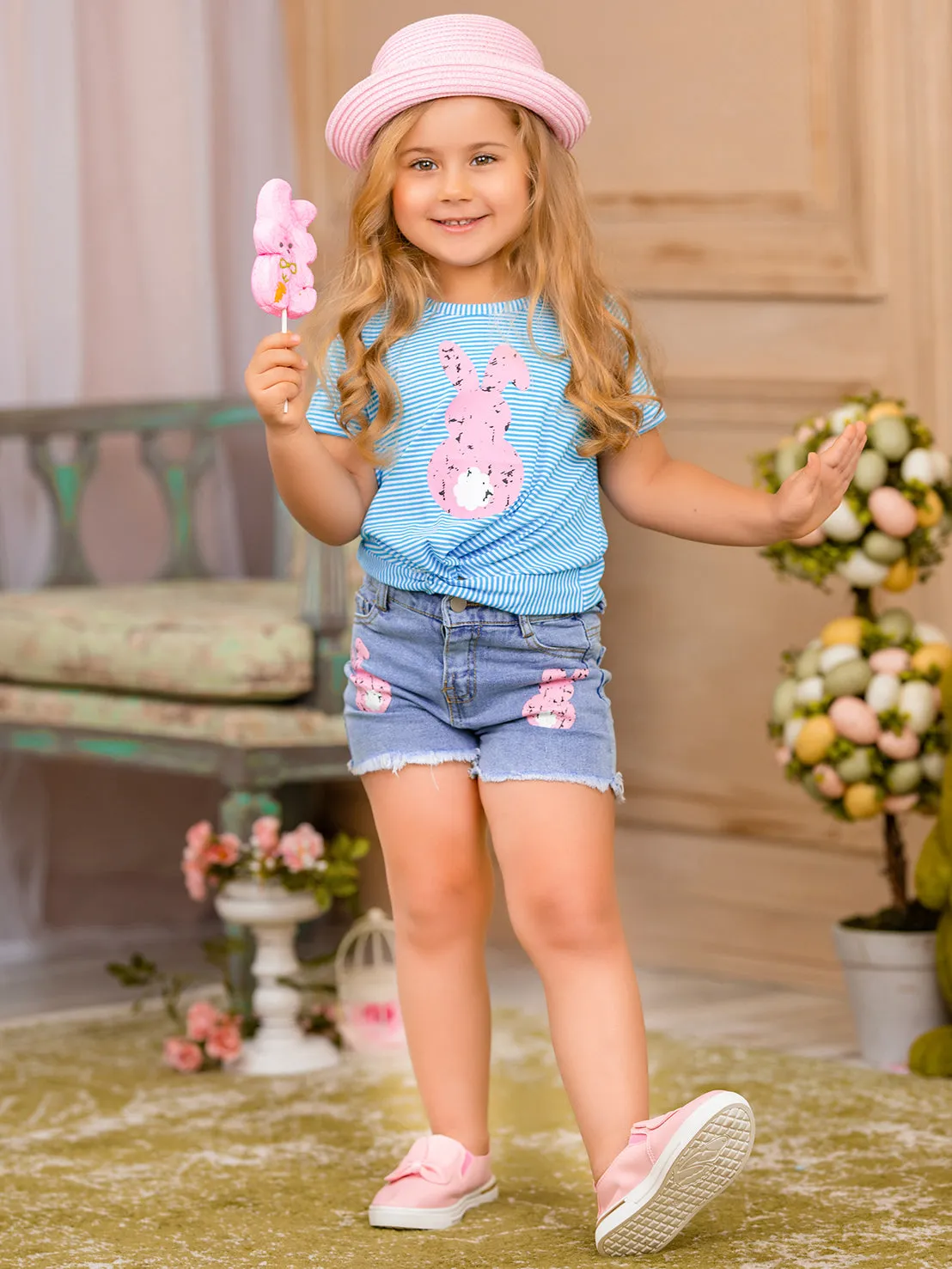 Pencil Stripe Bunny Tail Denim Shorts Set