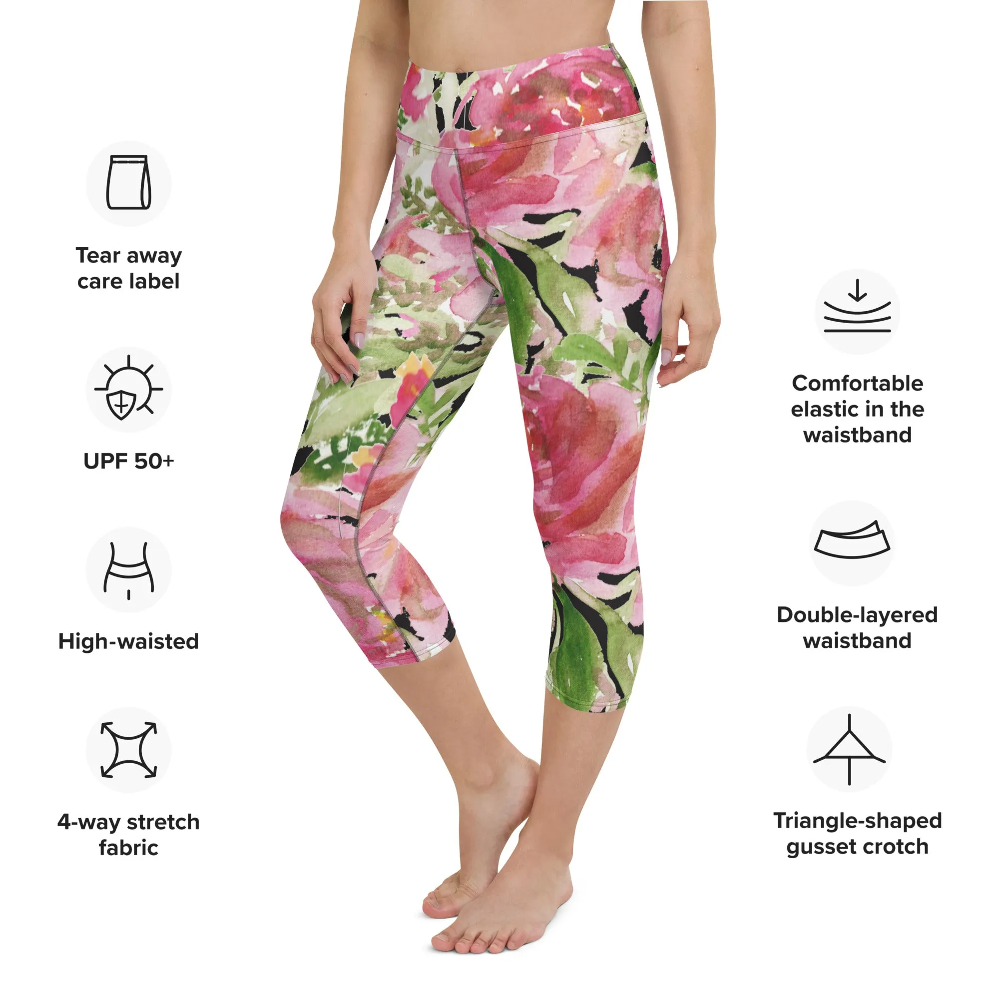 Pink Floral Yoga Capri Leggings, Best Designer Cute Women's Floral Print Capris Yoga Pants - Made in USA/EU