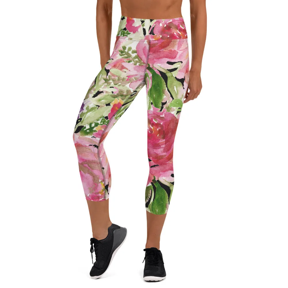 Pink Floral Yoga Capri Leggings, Best Designer Cute Women's Floral Print Capris Yoga Pants - Made in USA/EU