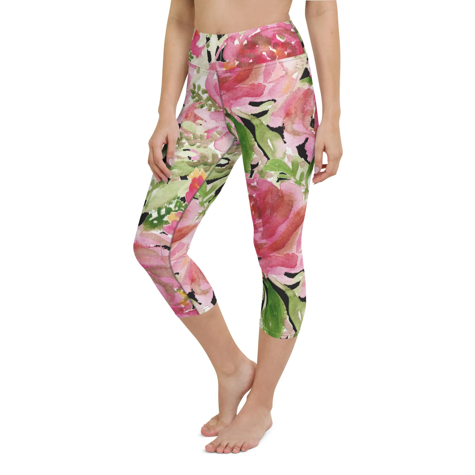 Pink Floral Yoga Capri Leggings, Best Designer Cute Women's Floral Print Capris Yoga Pants - Made in USA/EU