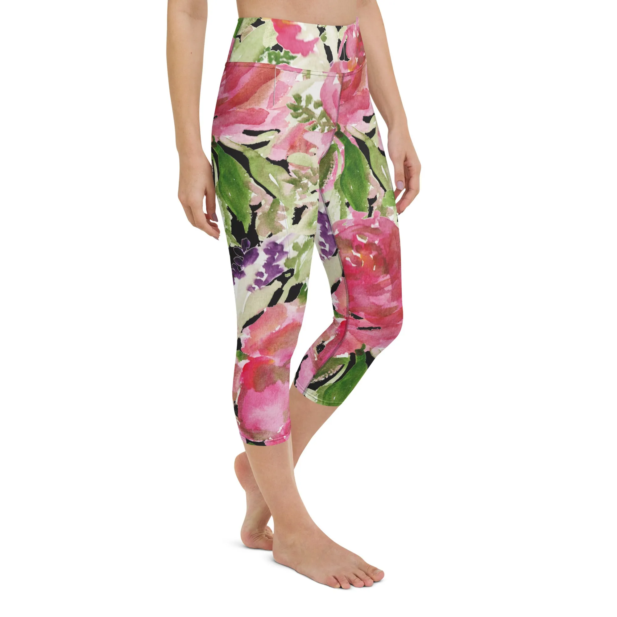 Pink Floral Yoga Capri Leggings, Best Designer Cute Women's Floral Print Capris Yoga Pants - Made in USA/EU