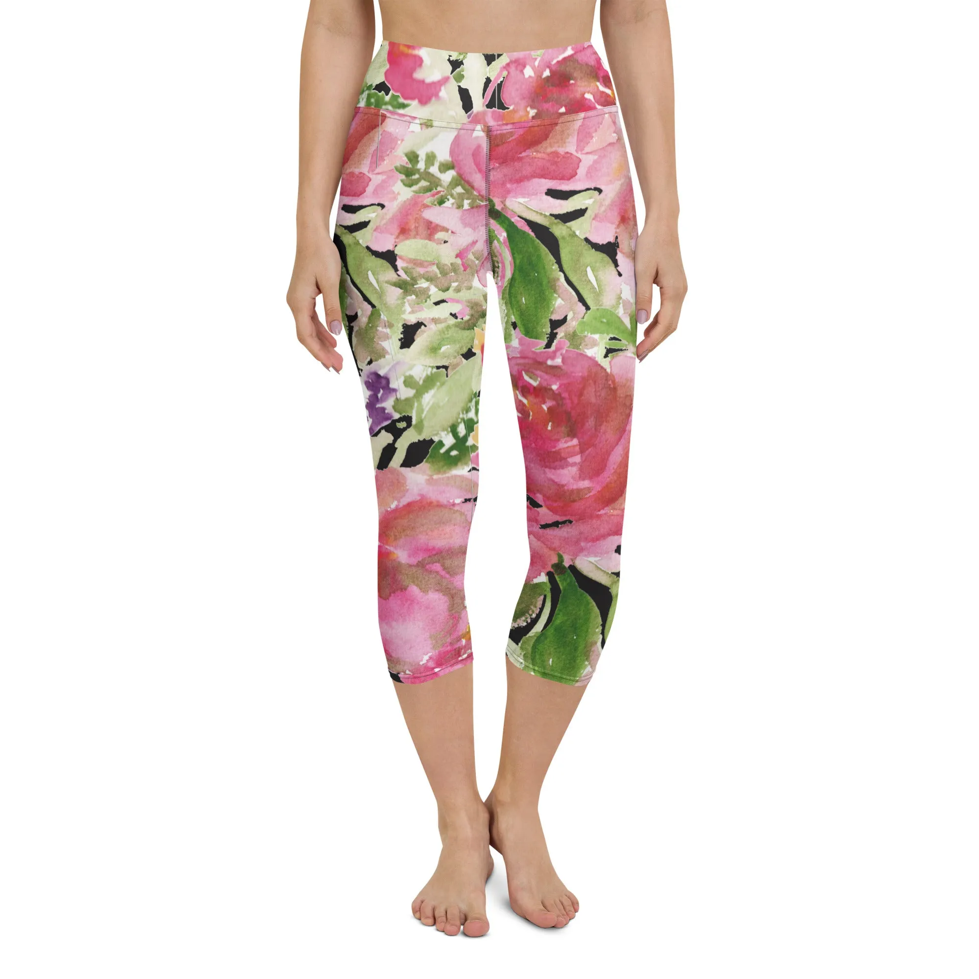 Pink Floral Yoga Capri Leggings, Best Designer Cute Women's Floral Print Capris Yoga Pants - Made in USA/EU