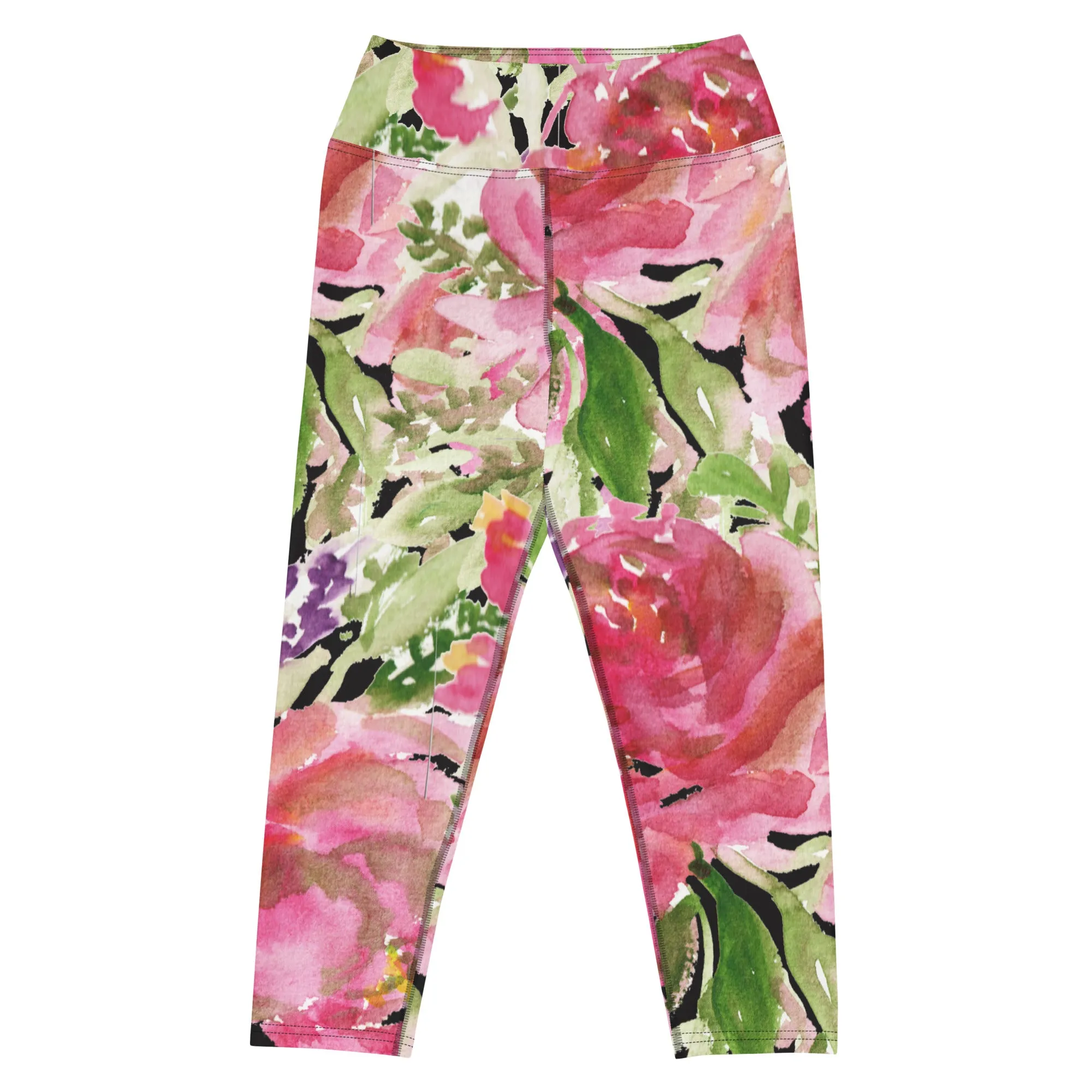 Pink Floral Yoga Capri Leggings, Best Designer Cute Women's Floral Print Capris Yoga Pants - Made in USA/EU