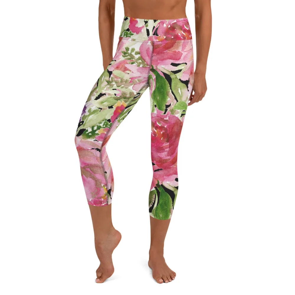 Pink Floral Yoga Capri Leggings, Best Designer Cute Women's Floral Print Capris Yoga Pants - Made in USA/EU