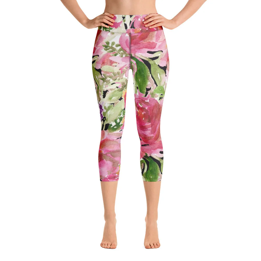 Pink Floral Yoga Capri Leggings, Best Designer Cute Women's Floral Print Capris Yoga Pants - Made in USA/EU