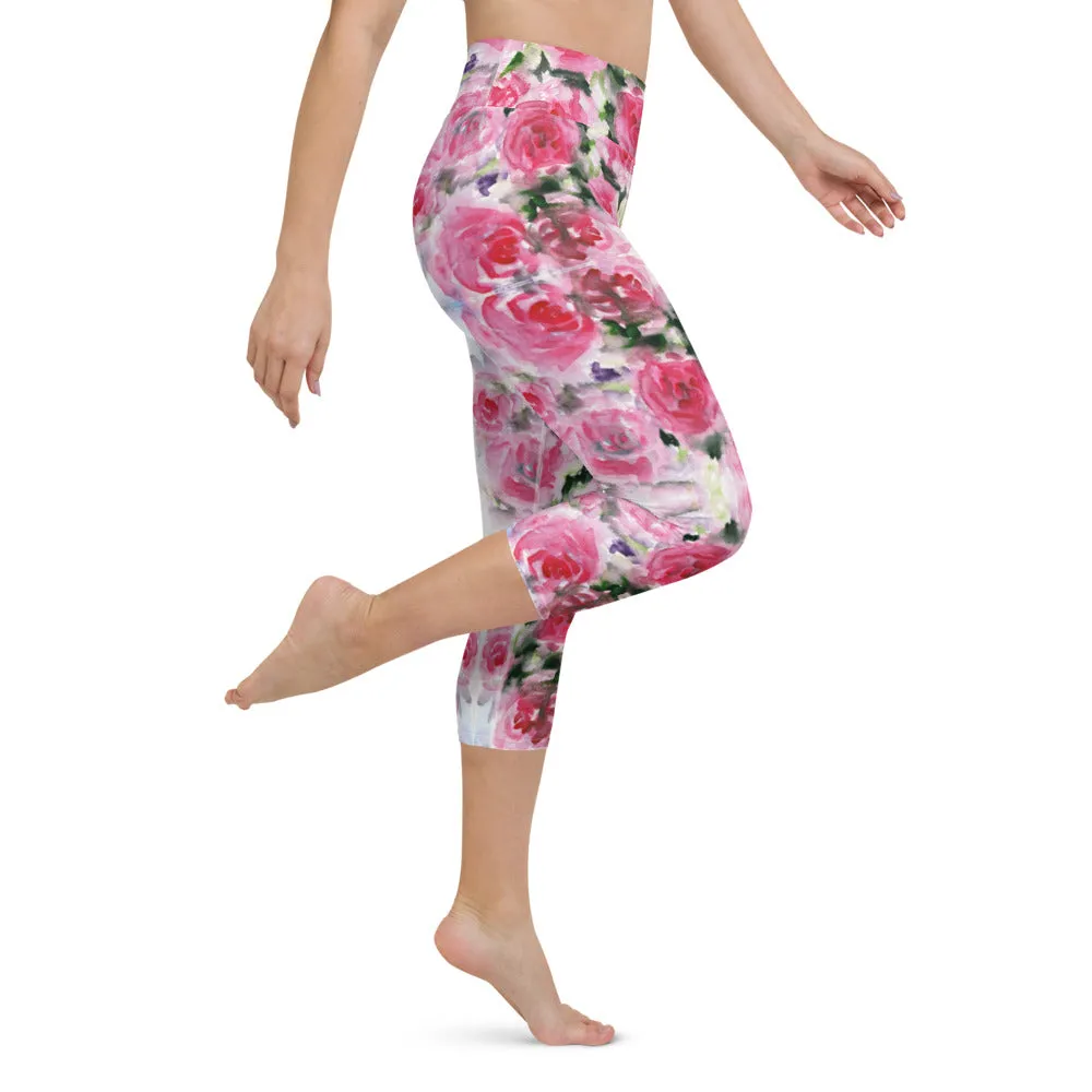 Pink Rose Yoga Capri Leggings, Floral Flower Print Women's Capris Tights-Made in USA/EU/MX