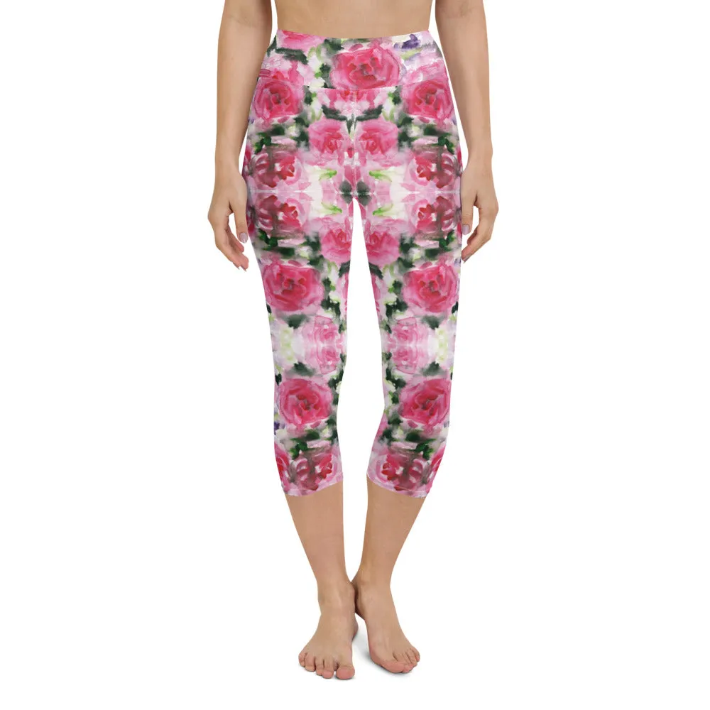 Pink Rose Yoga Capri Leggings, Floral Flower Print Women's Capris Tights-Made in USA/EU/MX