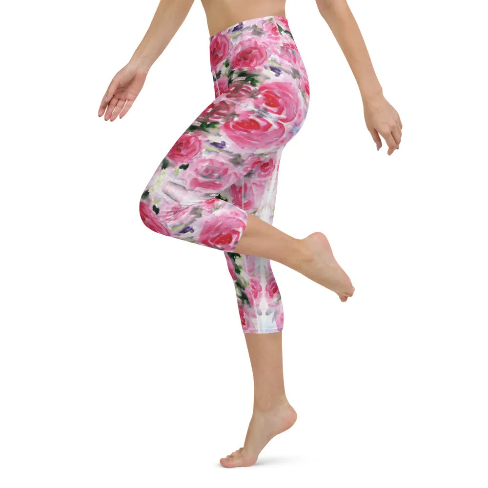 Pink Rose Yoga Capri Leggings, Floral Flower Print Women's Capris Tights-Made in USA/EU/MX