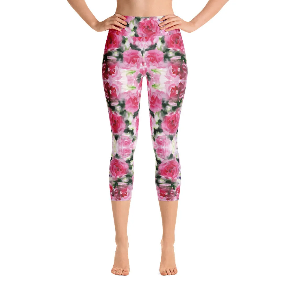 Pink Rose Yoga Capri Leggings, Floral Flower Print Women's Capris Tights-Made in USA/EU/MX