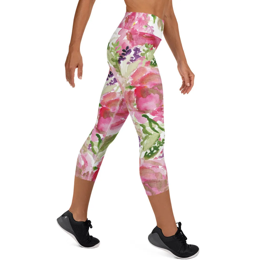 Pink Rose Yoga Capri Leggings, Pink Rose Best Floral Print Women's Best Capris Tights-Made in USA/EU/MX