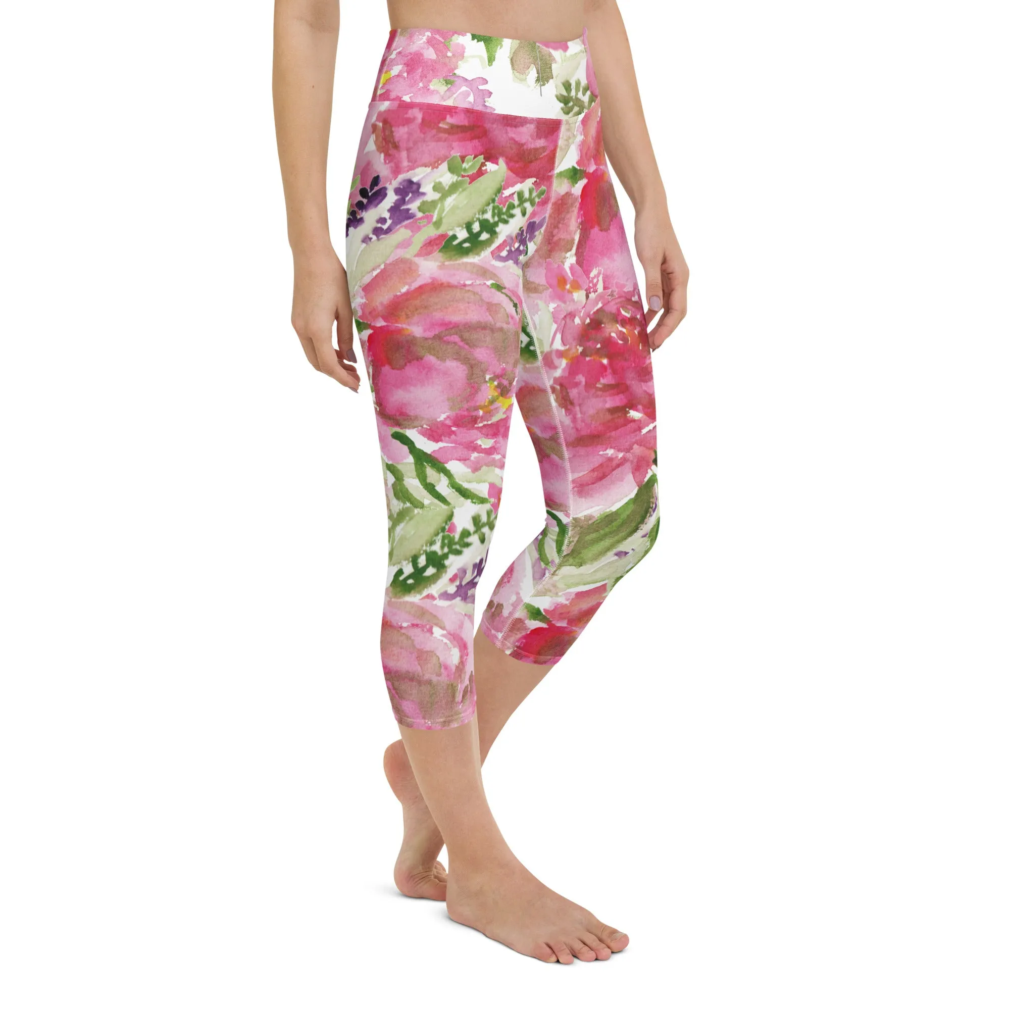 Pink Rose Yoga Capri Leggings, Pink Rose Best Floral Print Women's Best Capris Tights-Made in USA/EU/MX