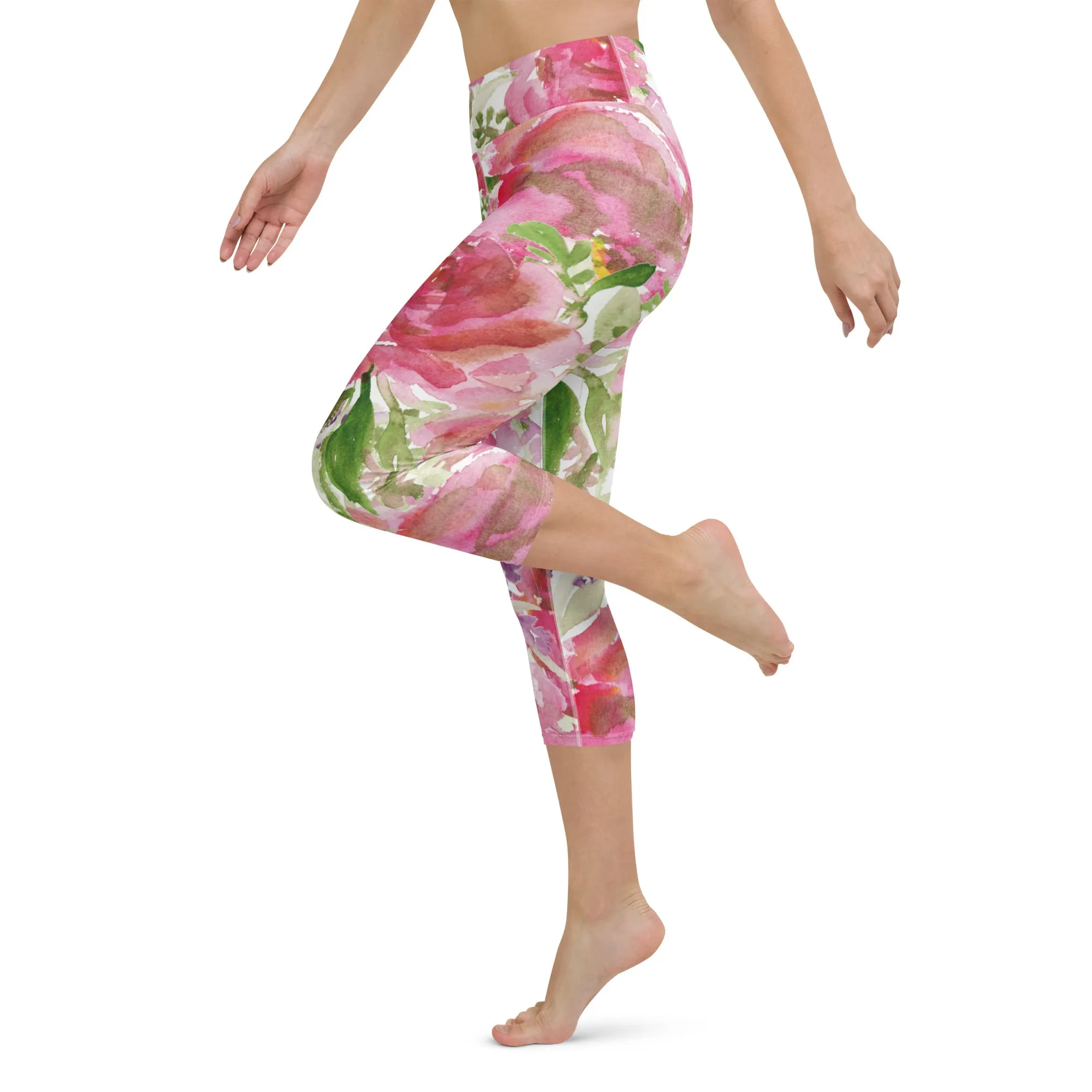 Pink Rose Yoga Capri Leggings, Pink Rose Best Floral Print Women's Best Capris Tights-Made in USA/EU/MX