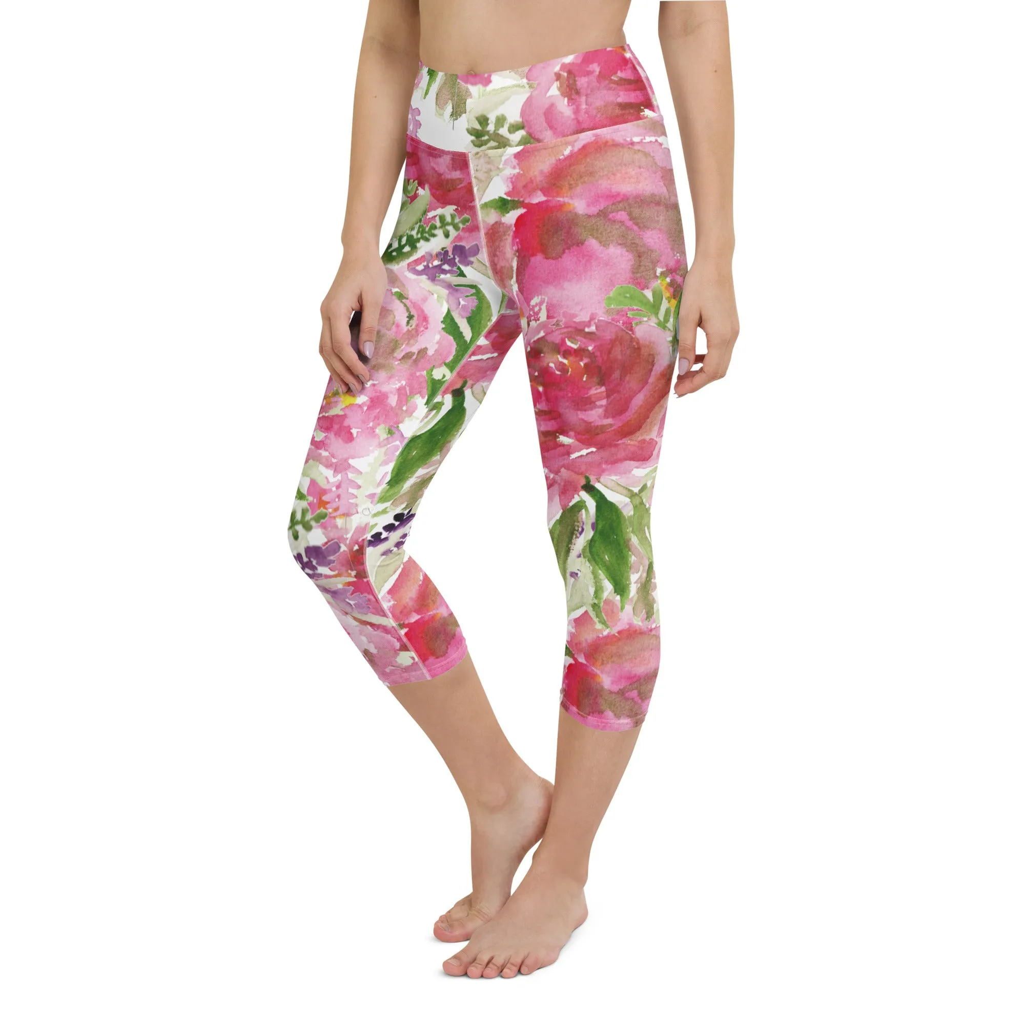 Pink Rose Yoga Capri Leggings, Pink Rose Best Floral Print Women's Best Capris Tights-Made in USA/EU/MX