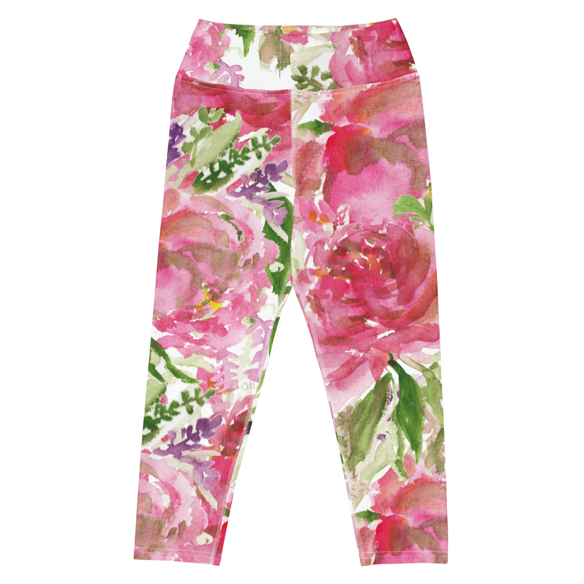 Pink Rose Yoga Capri Leggings, Pink Rose Best Floral Print Women's Best Capris Tights-Made in USA/EU/MX