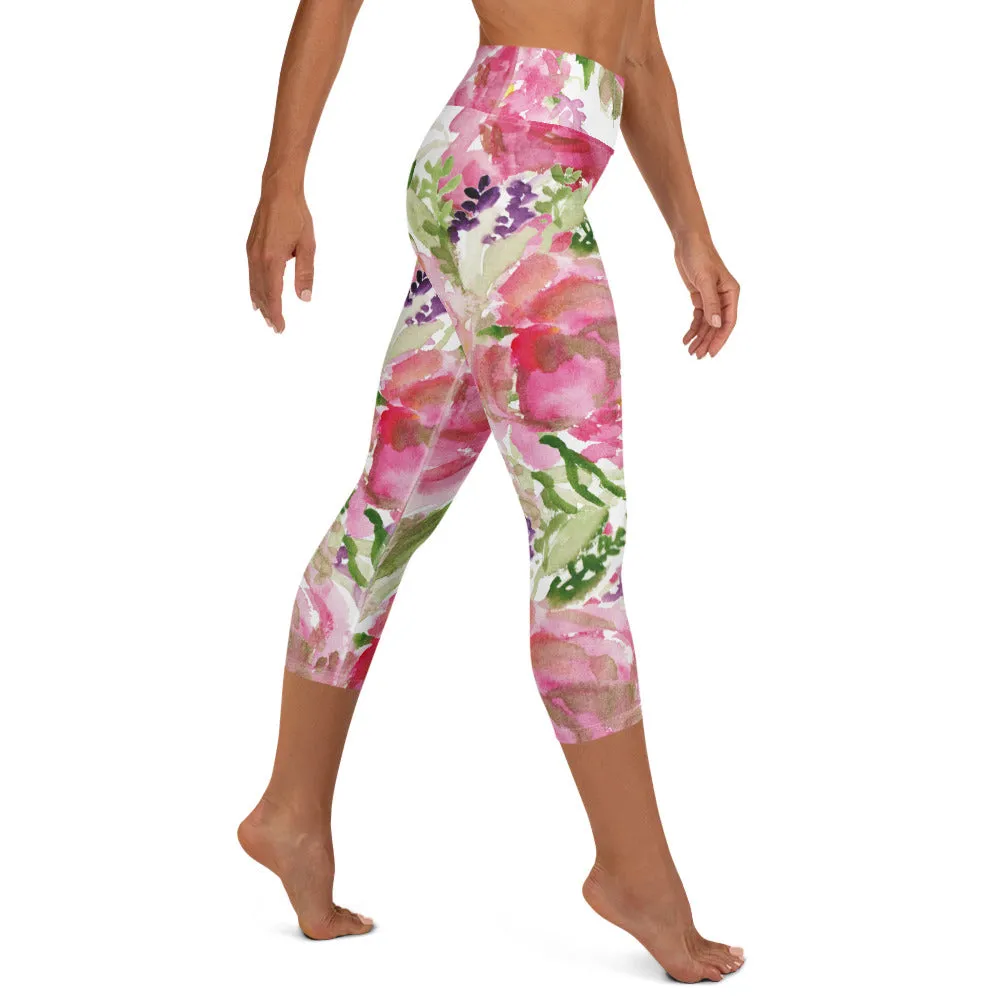 Pink Rose Yoga Capri Leggings, Pink Rose Best Floral Print Women's Best Capris Tights-Made in USA/EU/MX