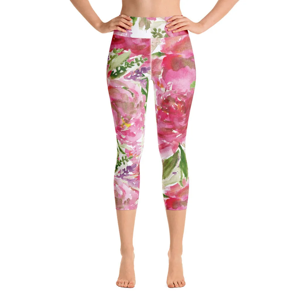 Pink Rose Yoga Capri Leggings, Pink Rose Best Floral Print Women's Best Capris Tights-Made in USA/EU/MX