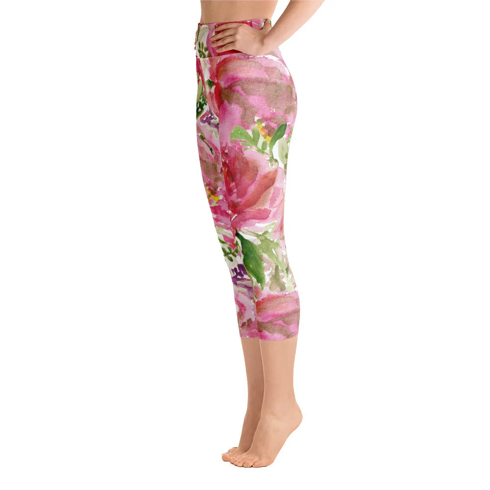 Pink Rose Yoga Capri Leggings, Pink Rose Best Floral Print Women's Best Capris Tights-Made in USA/EU/MX