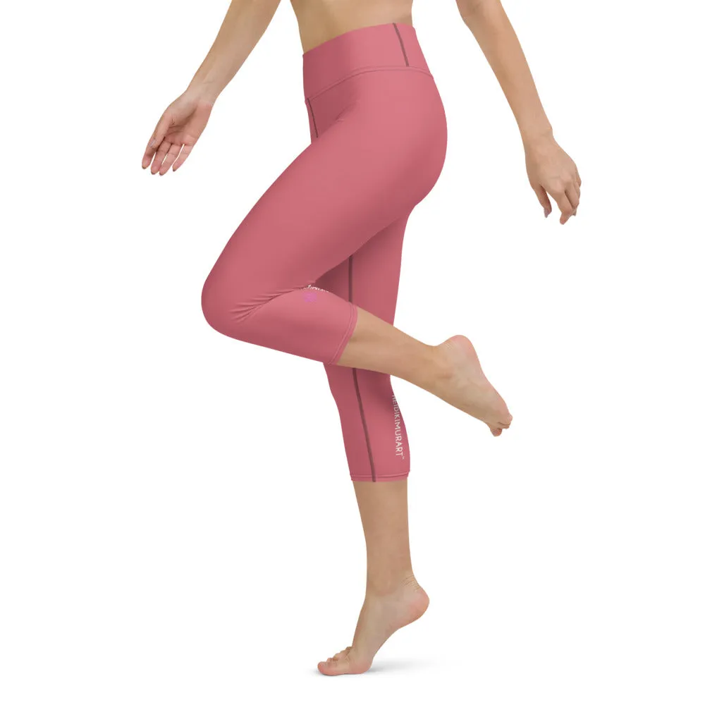 Pink Solid Yoga Capri Leggings, Premium Solid Pink Color Women's Tights-Made in USA/EU/MX