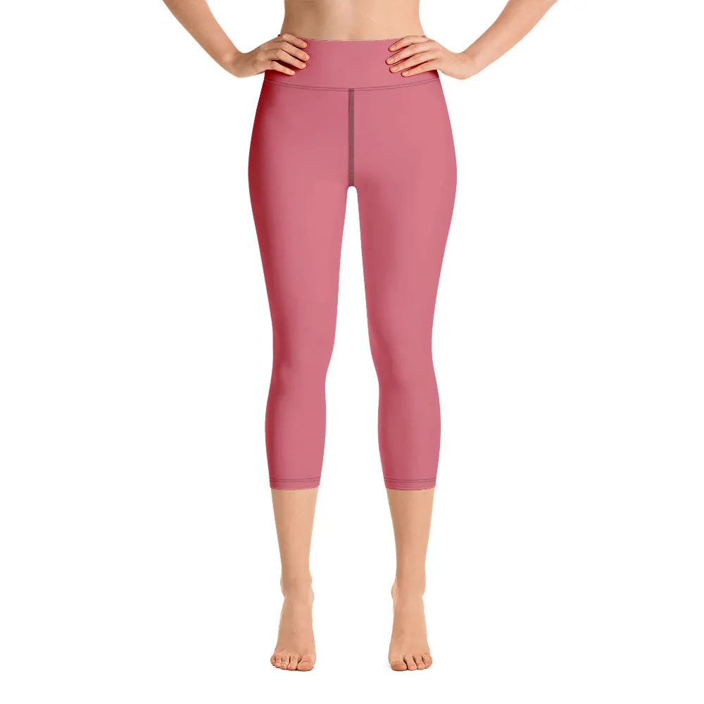 Pink Solid Yoga Capri Leggings, Premium Solid Pink Color Women's Tights-Made in USA/EU/MX