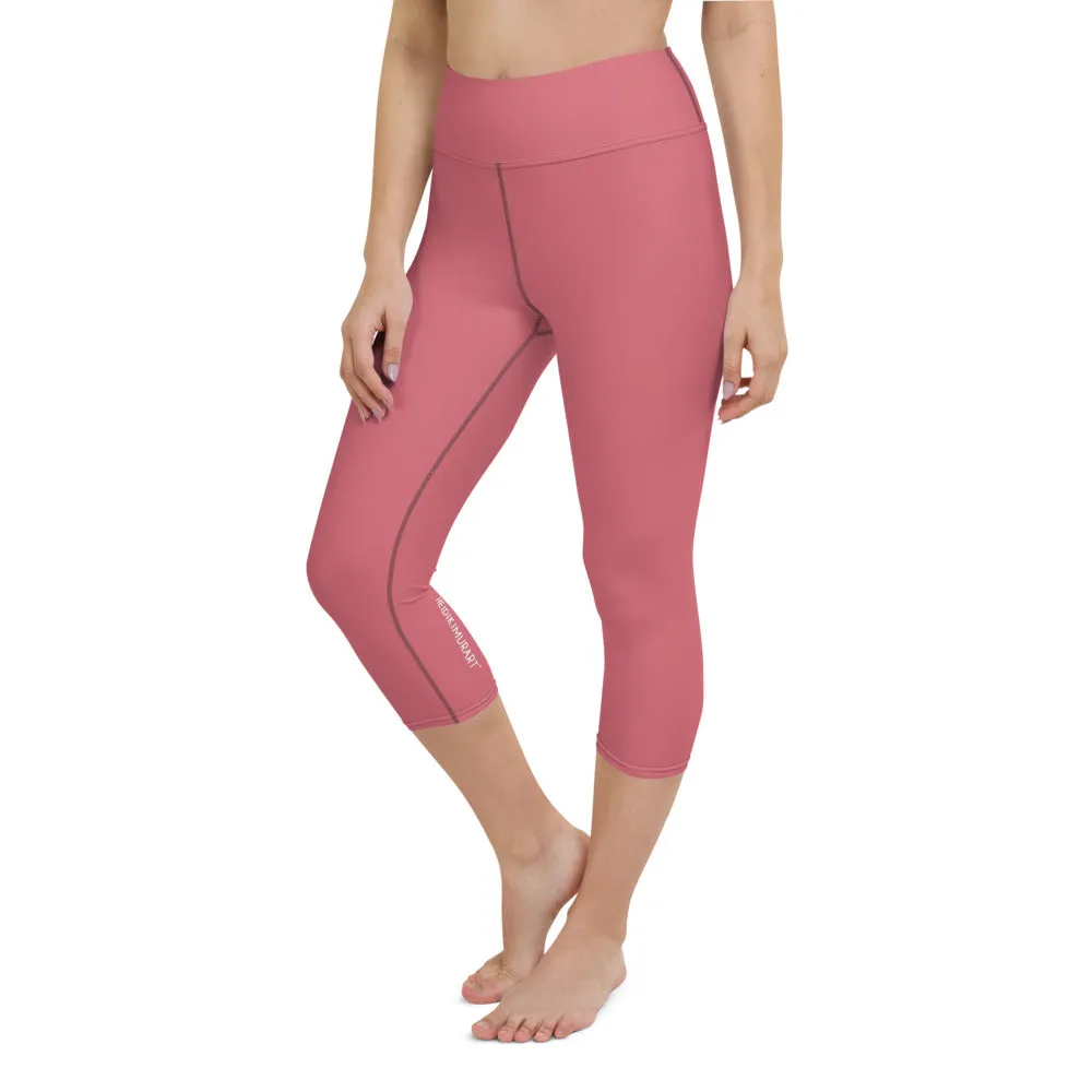 Pink Solid Yoga Capri Leggings, Premium Solid Pink Color Women's Tights-Made in USA/EU/MX