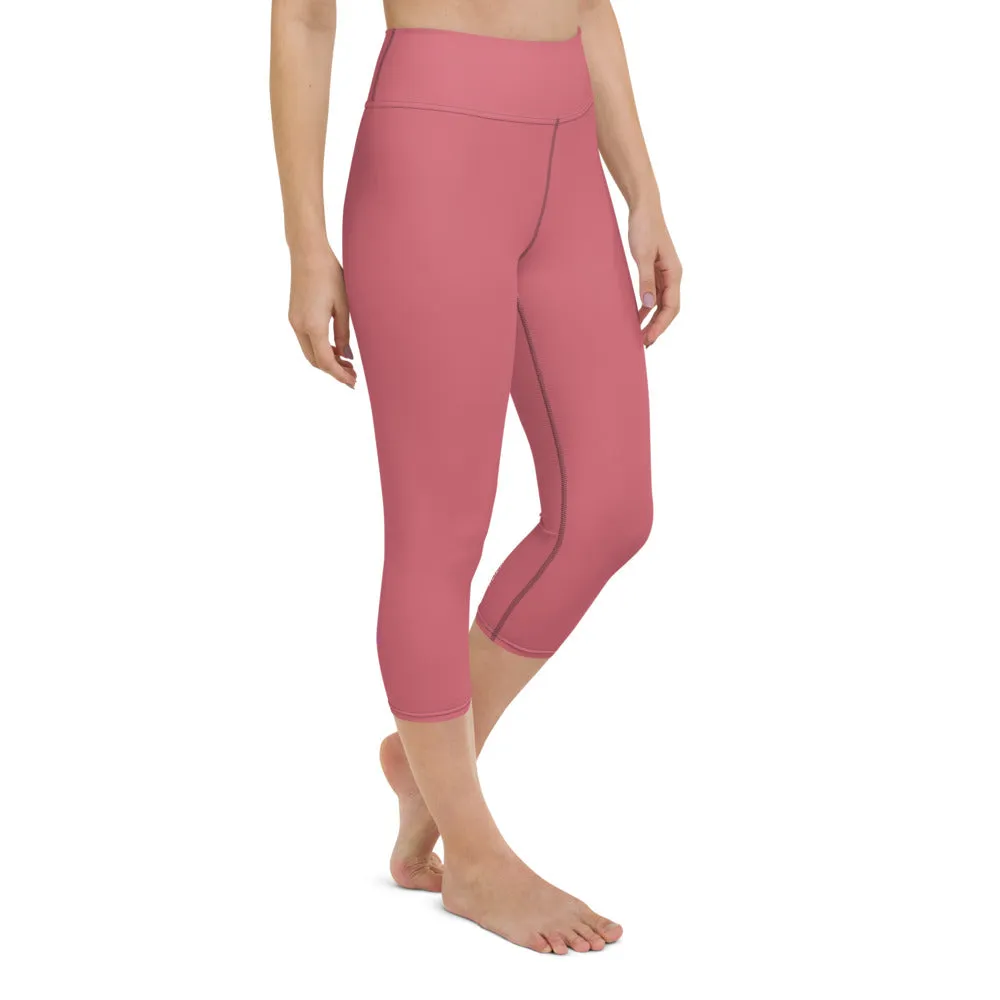 Pink Solid Yoga Capri Leggings, Premium Solid Pink Color Women's Tights-Made in USA/EU/MX