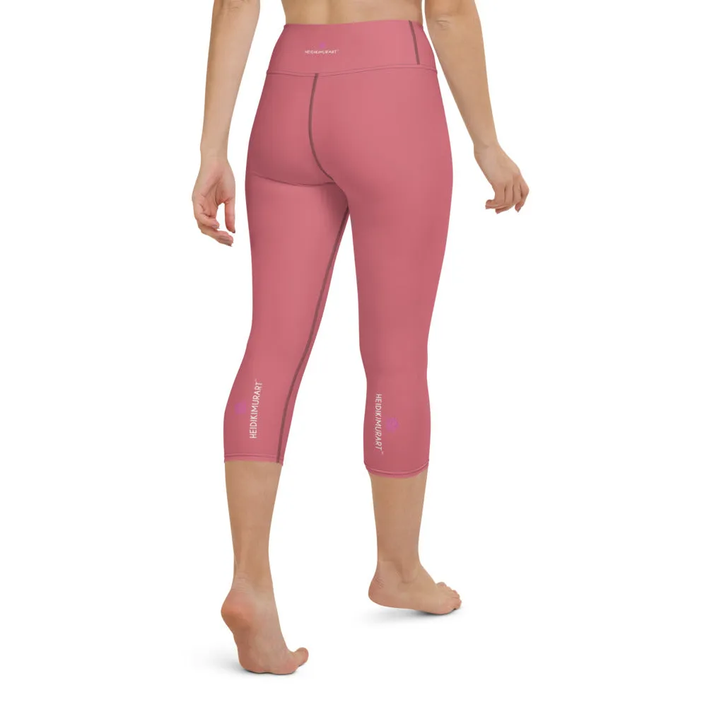 Pink Solid Yoga Capri Leggings, Premium Solid Pink Color Women's Tights-Made in USA/EU/MX