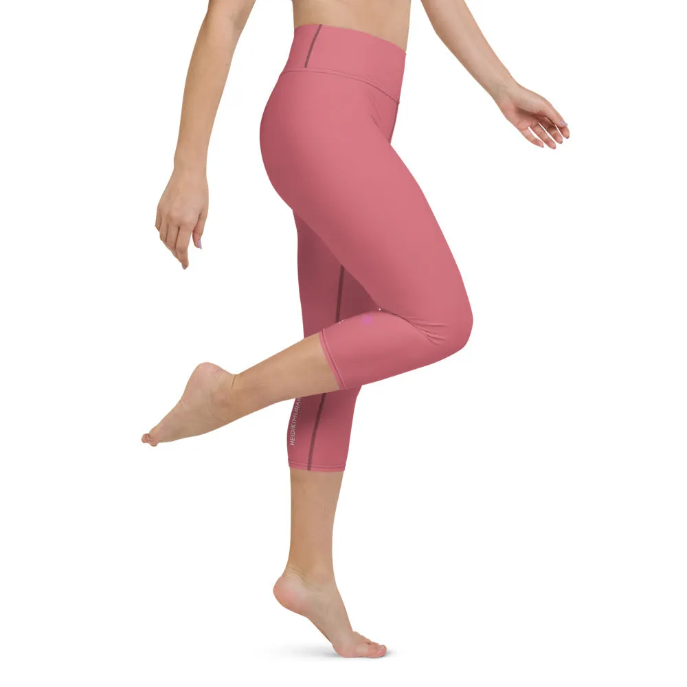 Pink Solid Yoga Capri Leggings, Premium Solid Pink Color Women's Tights-Made in USA/EU/MX