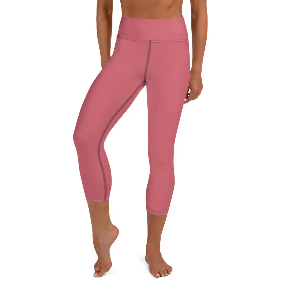 Pink Solid Yoga Capri Leggings, Premium Solid Pink Color Women's Tights-Made in USA/EU/MX