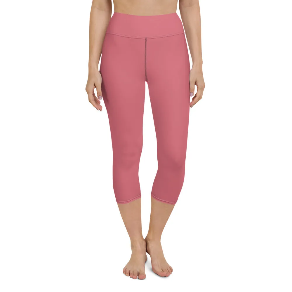 Pink Solid Yoga Capri Leggings, Premium Solid Pink Color Women's Tights-Made in USA/EU/MX