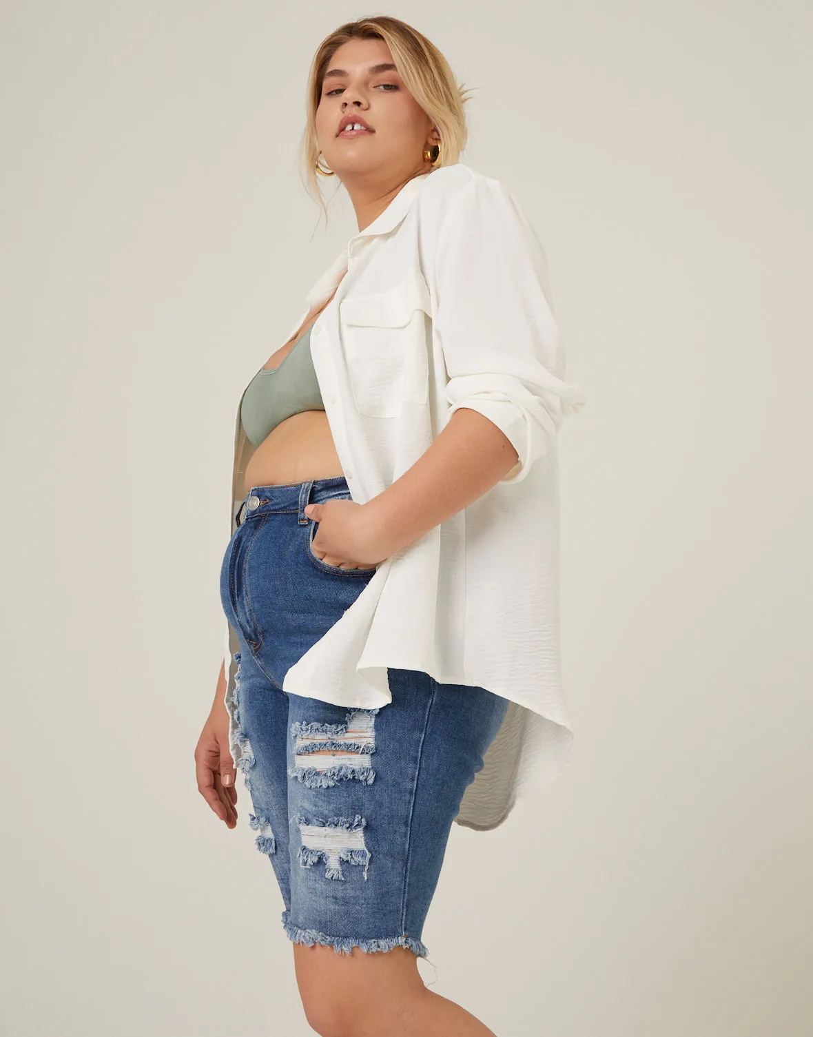 Plus Size Distressed Bermuda Denim Shorts