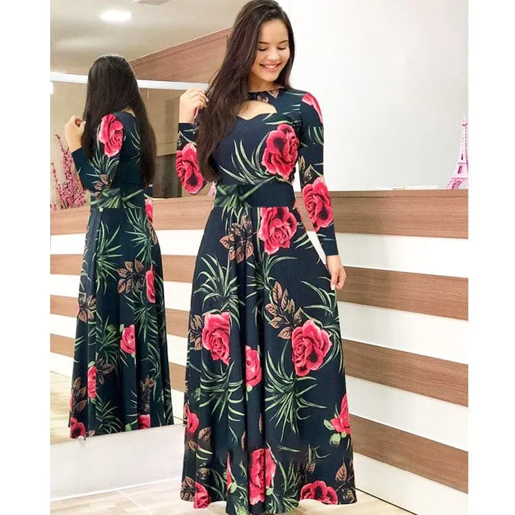 Print Pattern Hollow Out Sweetheart Collar Boho Maxi Long Dress