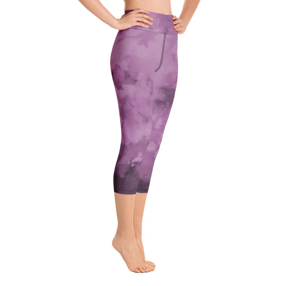 Purple Abstract Capris Tights, Purple Best Women's Yoga Capri Leggings- Made in USA/EU/MX