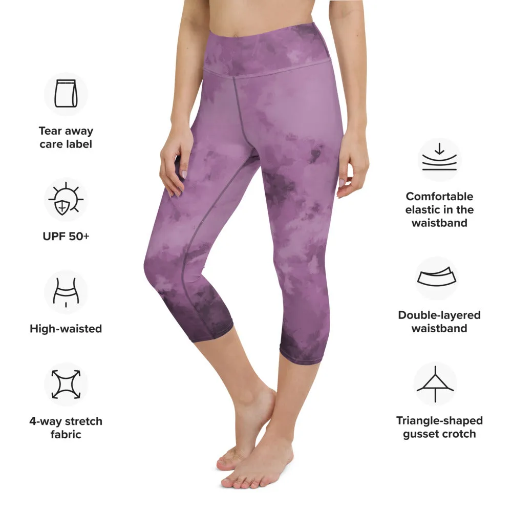 Purple Abstract Capris Tights, Purple Best Women's Yoga Capri Leggings- Made in USA/EU/MX