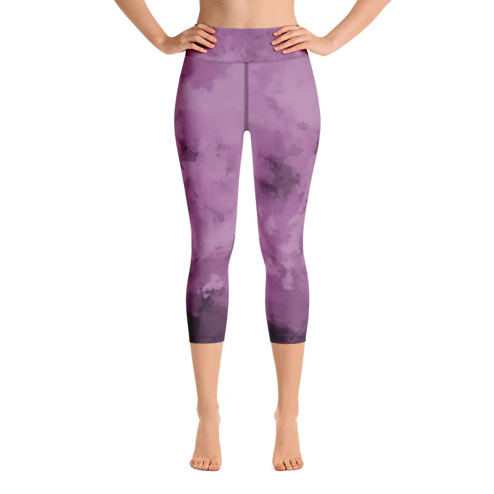 Purple Abstract Capris Tights, Purple Best Women's Yoga Capri Leggings- Made in USA/EU/MX