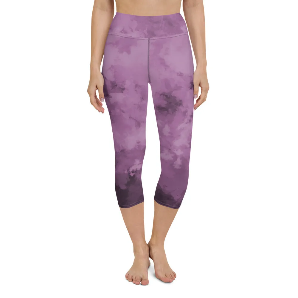 Purple Abstract Capris Tights, Purple Best Women's Yoga Capri Leggings- Made in USA/EU/MX