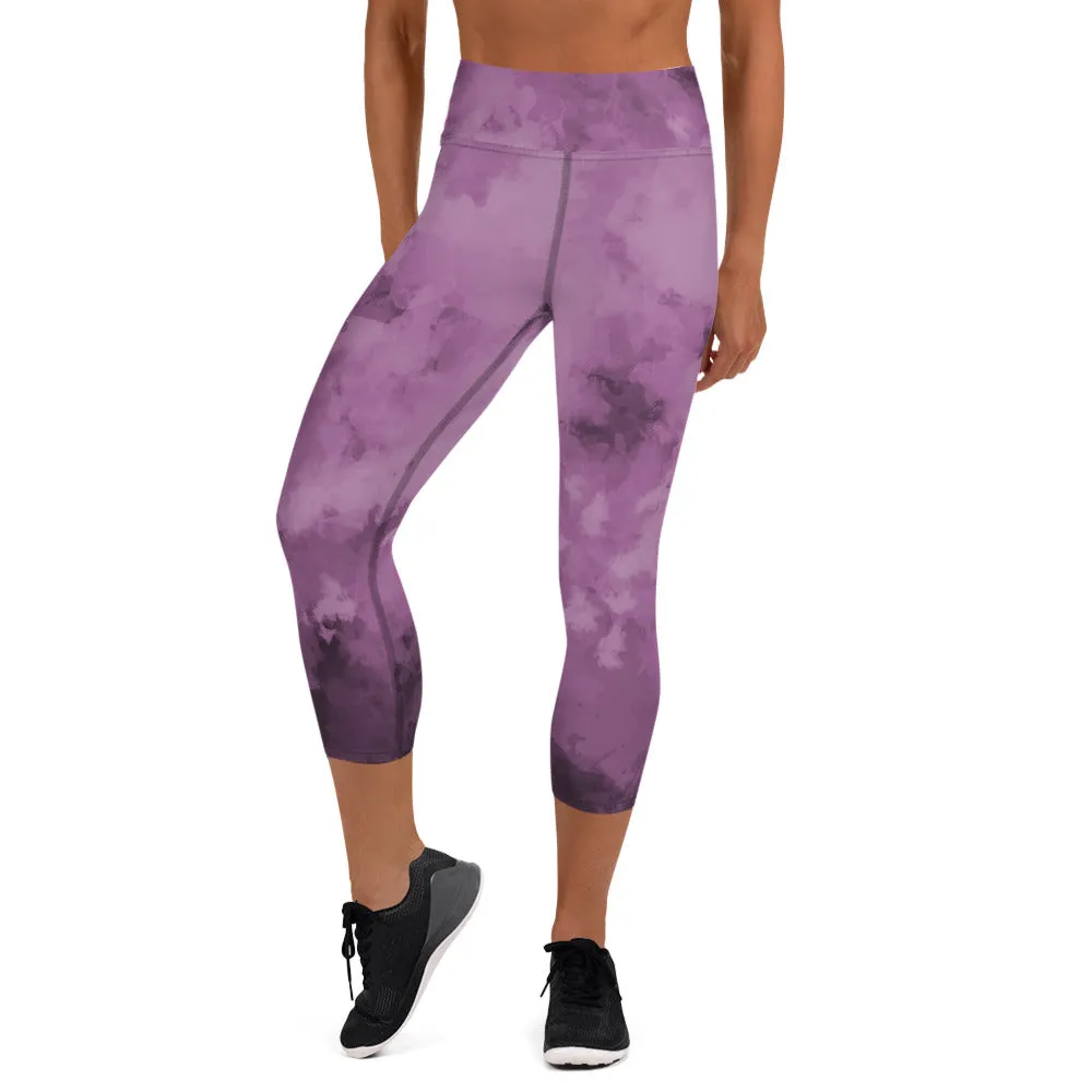 Purple Abstract Capris Tights, Purple Best Women's Yoga Capri Leggings- Made in USA/EU/MX