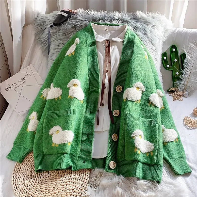 Sheep Embroidery Knitted Cardigan